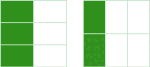 En firkant delt i seks like deler og tre er grønne. Den samme trekanten delt i seks like deler der to er grønne.